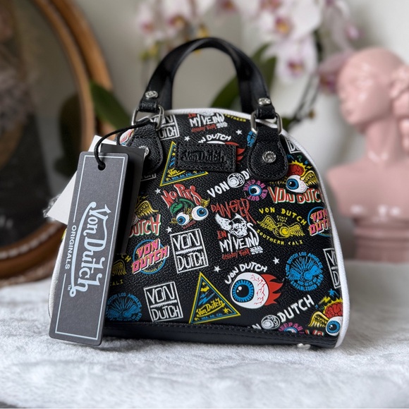 Von Dutch Handbags - Von Dutch Jax Bowler Bag Black Graffiti Logo Print Y2K Satchel Tote NWT